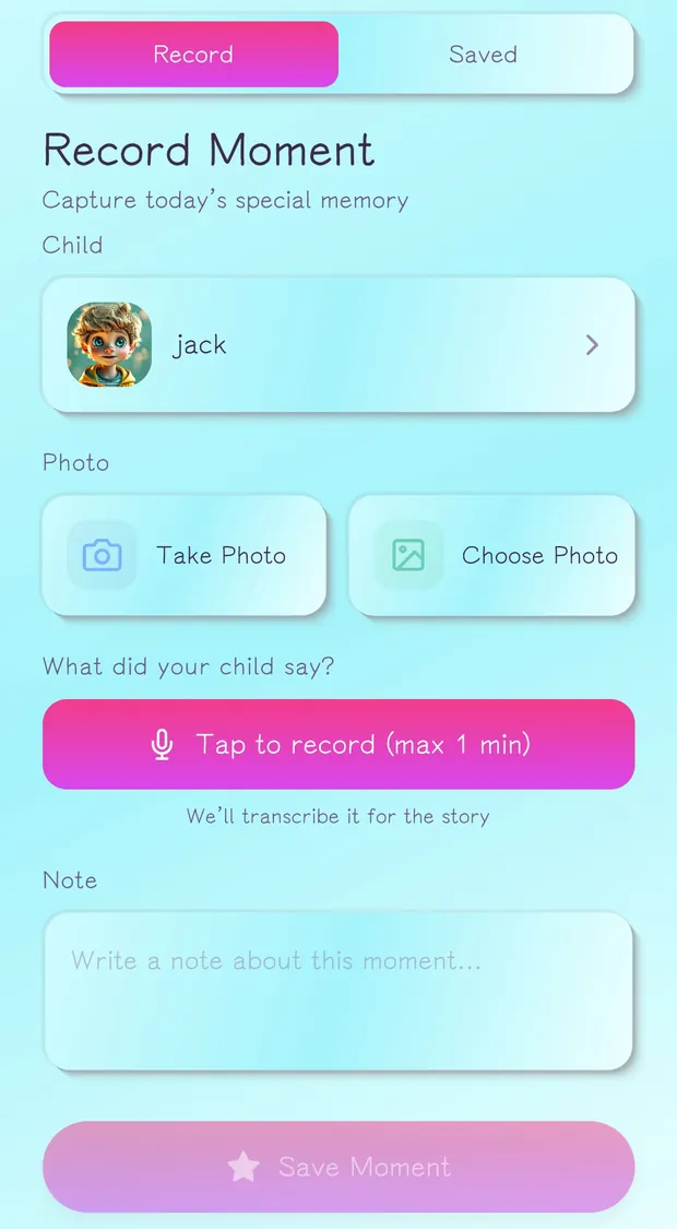 LittleStory Moment screen with a photo field, a voice recorder and a parent note field grouped into one Moment.