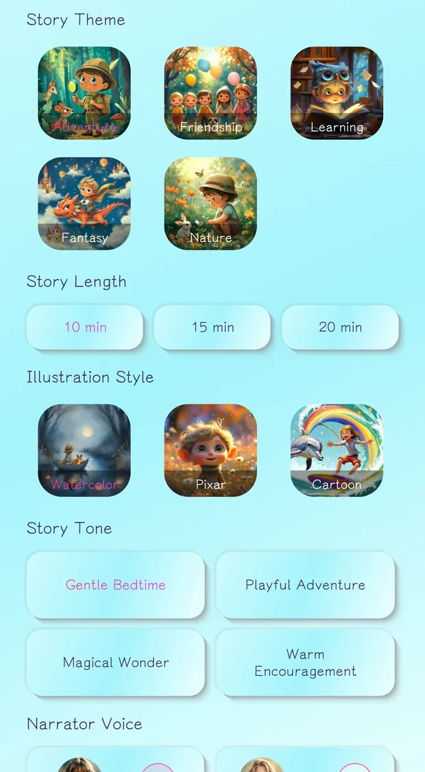 Story creation screen with story theme, story length, illustration style, story tone and narrator voice options.