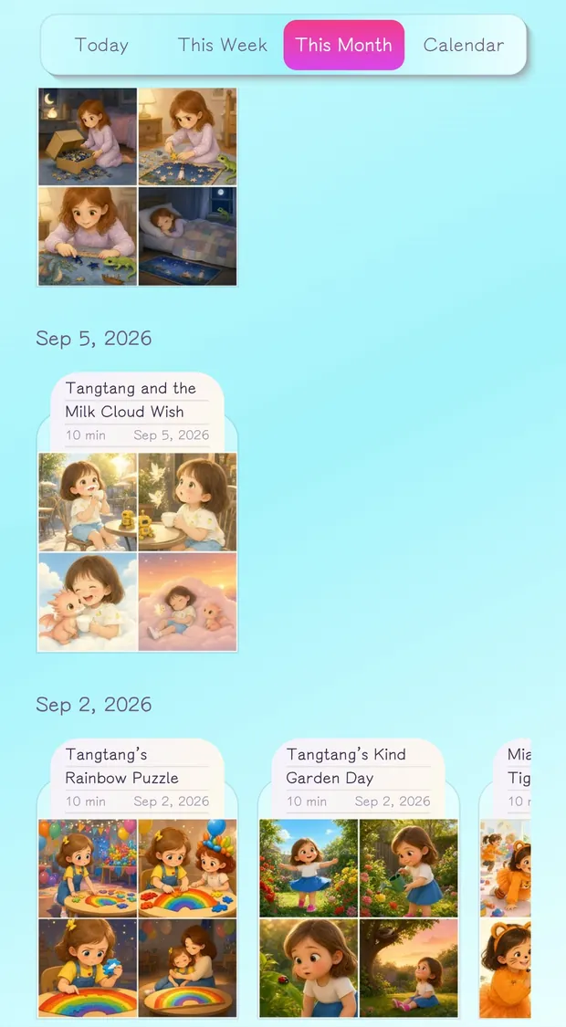Story Library screen in LittleStory showing a grid of saved story covers with a date filter bar.