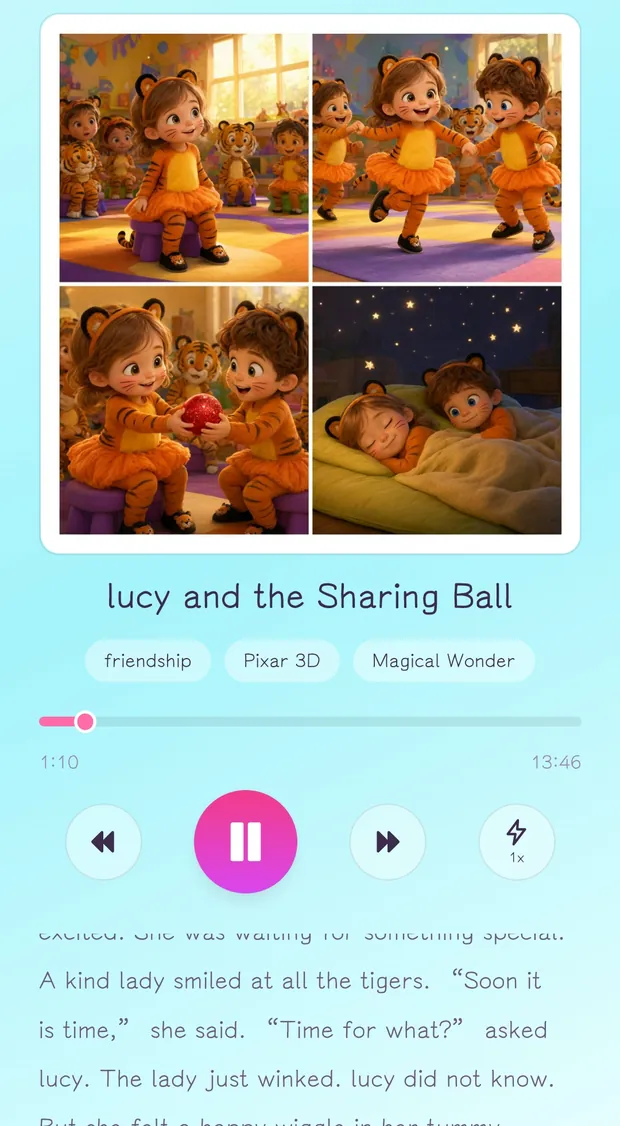 Story player screen with illustration, playback controls, 15 second skip buttons and playback speed control.