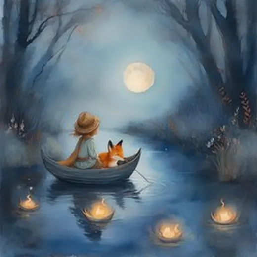 Warm watercolor illustration of a child reading by candlelight, in the style of a classic bedtime picture book.
