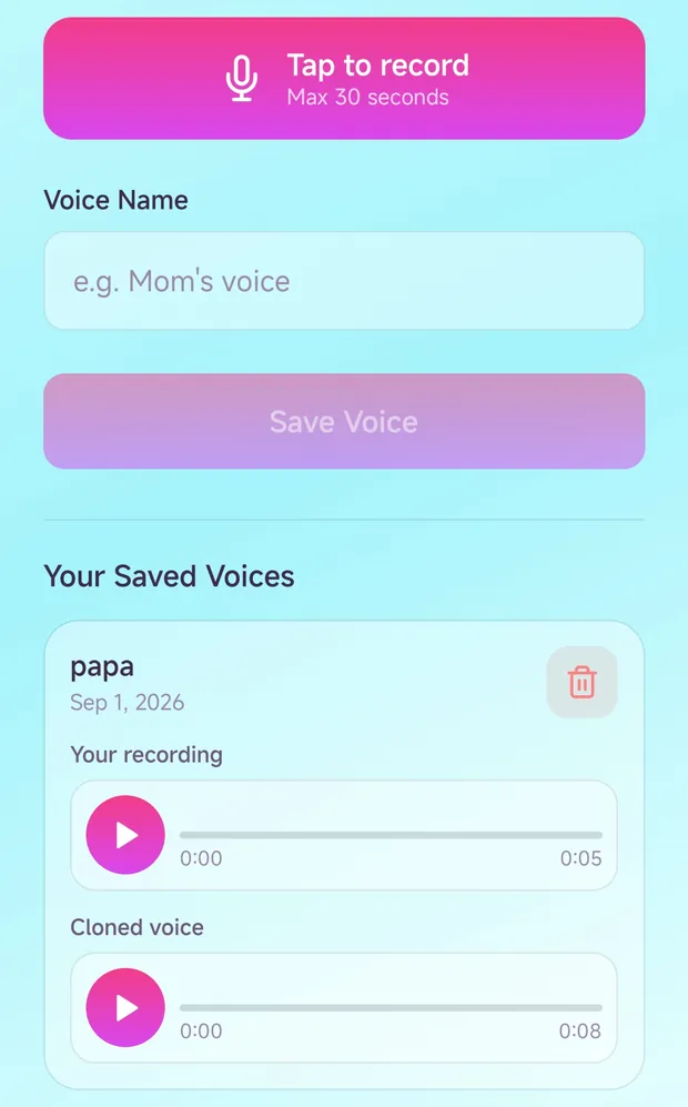 My Voice screen in LittleStory showing a recorded voice sample saved together with its cloned voice.