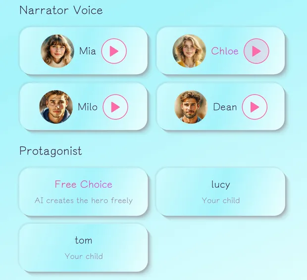 Narrator voice picker in LittleStory listing the built-in voices Mia, Chloe, Milo and Dean with preview buttons.